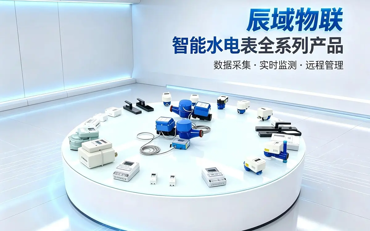 辰域物联智能水电表全系列产品展厅，包括智能单相电表、三相电表、NB-IoT远传水表、智能计量插座等