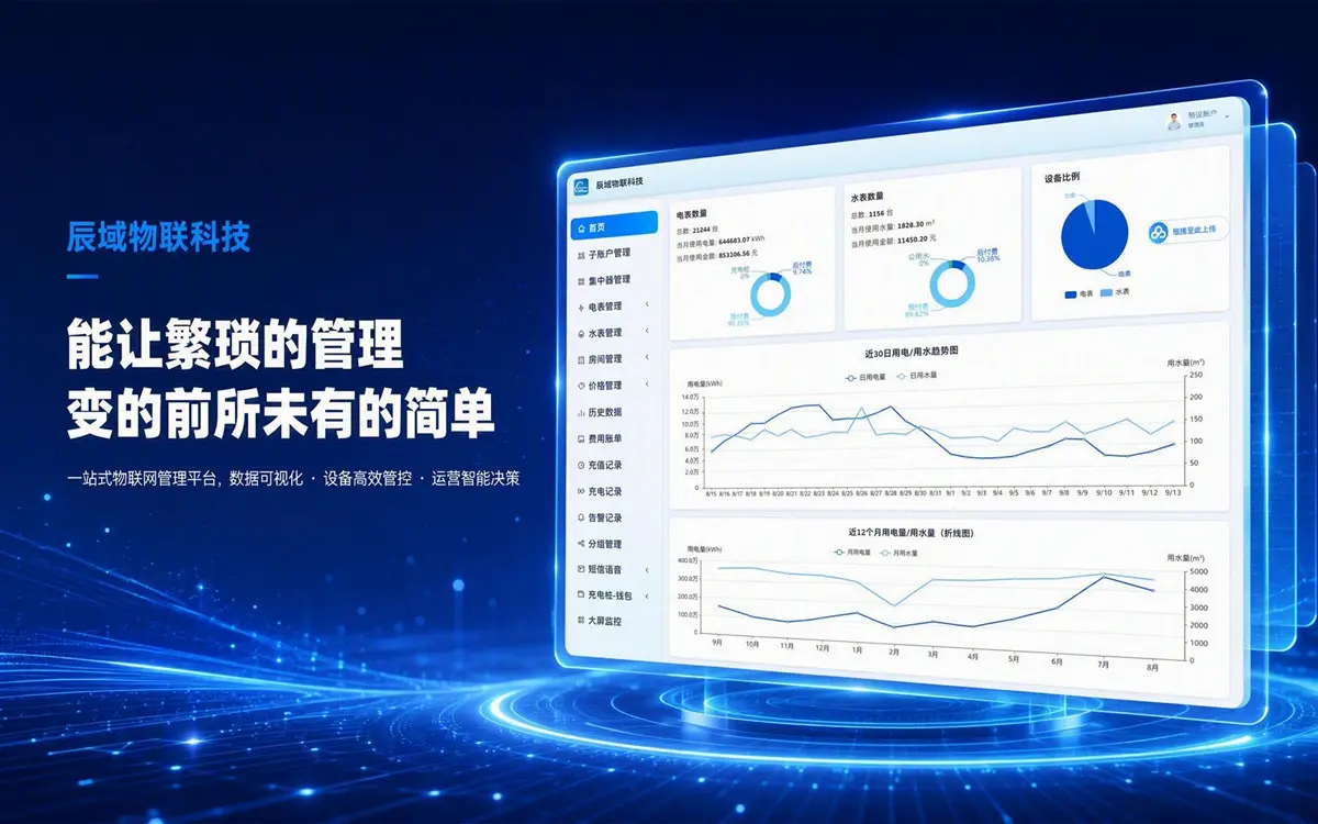 辰域智控一站式物联网管理平台数据可视化大屏，显示水电表设备数量、用水用电趋势等